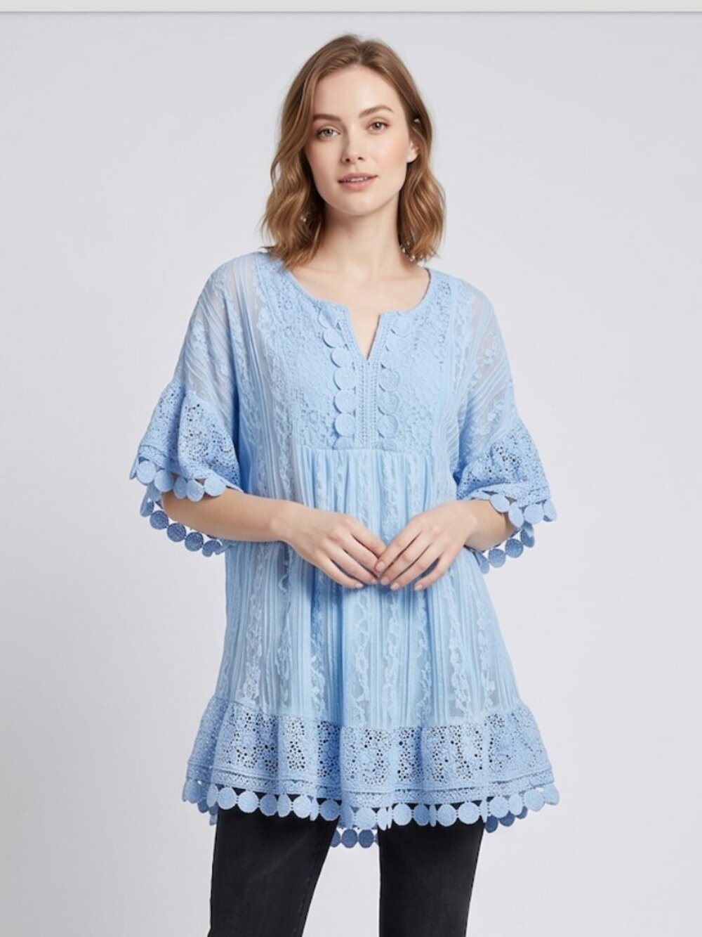 Romantic Lace Tunic Top Flutter Sleeve Ruffle Hem Boho Smock Baby Blue